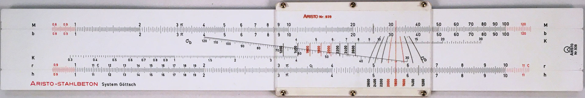 Regla ARISTO 939 Stahlbeton, System Góttsch, para hormigón armado, año 1956, 34x6 cm