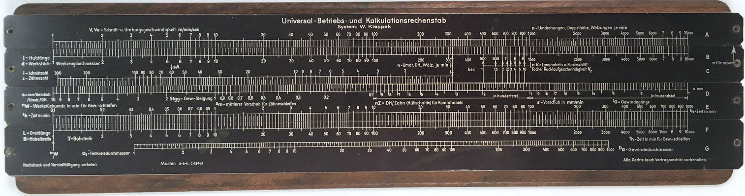 Regla de cálculo Universal-Betriebs-und Kalkulationsrechenstab, system W. Kleppek, Muster: U-B-K. C-13942, 26x7 cm