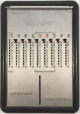 Ábaco de ranuras RAYMOND, fabricado por Machines à calculaer Raymond en Pernes (Vaucluse, Francia), año 1930, 12x17 cm