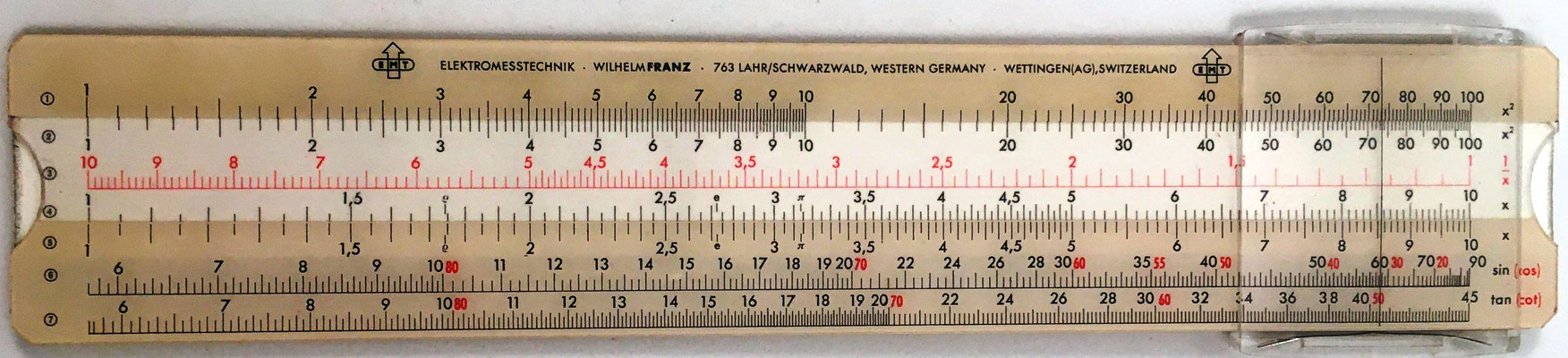 Regla EMT Elektromesstechnik, modelo IWA 0269, fabricada por IWA Rechenschieberfabrik (Alemania y Suiza), año 1963, 21x4 cm