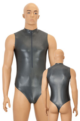 Herren Wetlook Stringbody Leotard ohne Ärmel Front-RV Anthrazit