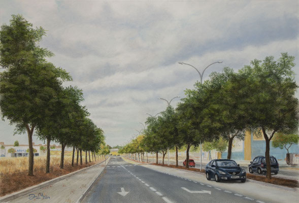 AVENIDA DE LA CIENCIA - Pastel sobre papel Canson (56 x 38) - 2019 (En venta)