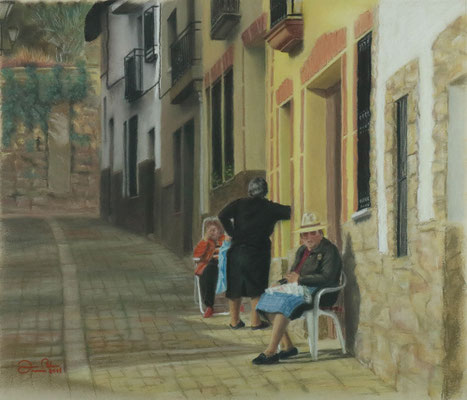 COSIENDO AL SOL (Pasarón de la Vera - Cáceres) - Pastel sobre papel Canson (51 x 43) - 2011