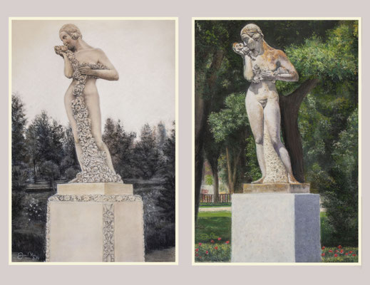 ESTATUA DE LA PRIMAVERA AYER Y HOY - Pastel sobre papel Canson (62 X 44) - 2020