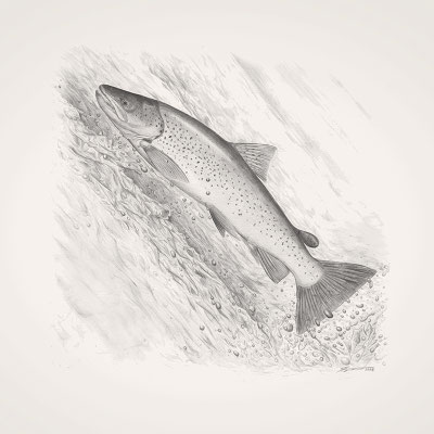 Atlantische Forelle (Salmo trutta) springt über Wasserfall - Bleistiftillustration (2025)