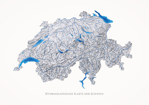 Hydrologische Karte der Schweiz - Bleistiftillustration (Topografie) / Digital (Gewässer) 2025