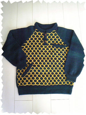 課題作品　ジラフ模様の２種類ポケットつきセーター　使用糸：パーセント