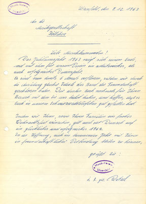 Probe vom 13.12.63: der Präsident verliest einen Brief aus Utzenfeld mit Weihnachts- und Neujahrsgrüssen.