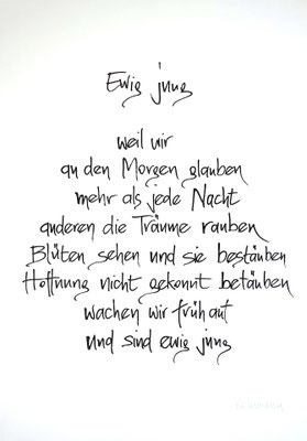Vollansicht Kalligrafie „Ewig jung“ Tusche auf Papier