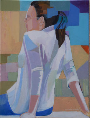 Femme de dos assise sur un banc. Acrylique sur toile . 61X46 cm