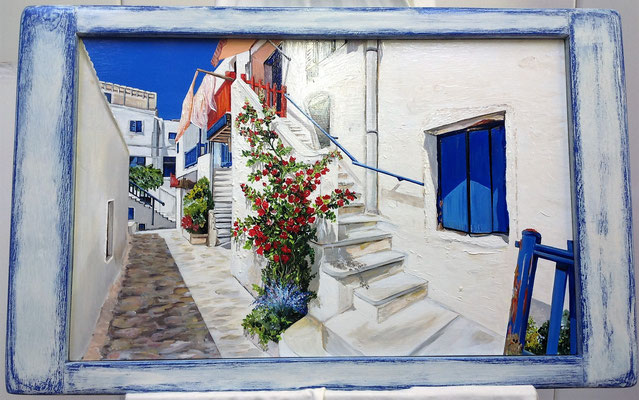 M 1 Quadro con cornice decapata - paesaggio isola greca - misura a scelta