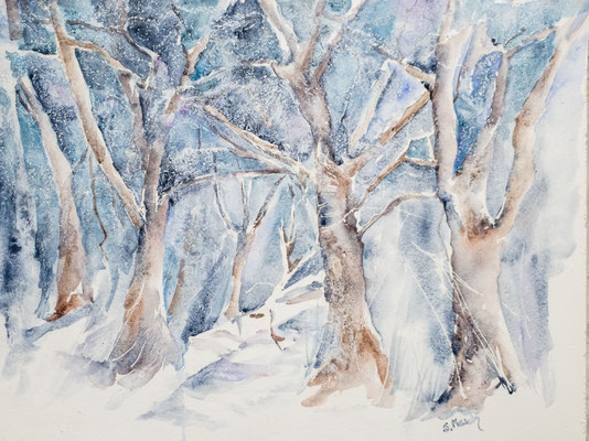 Aquarell, Mischtechnik, Frost 2, Winterlandschaft