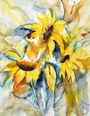 Sonnenblumen abstrahirend, Aquarell (Verkauft)