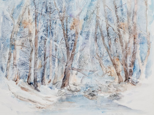 Aquarell, Mischtechnik, Frost, Winterlandschaft