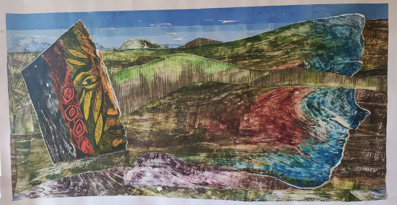 Der Seher, 200x90 cm, Holzschnittcollage