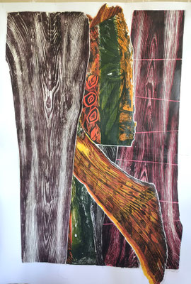 in Verbindung, 80x90 cm, Holzschnittcollage