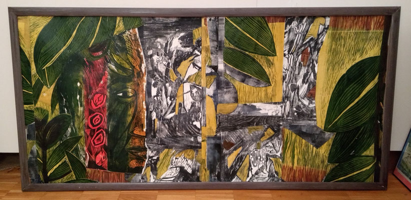 Im gebrochenen Dschungel Holzschnittcollage, 170 cm x 80xm, verkauft