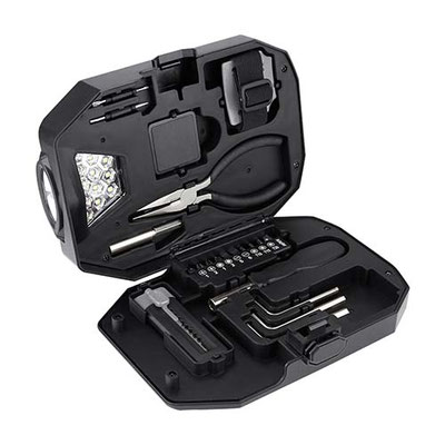 Set de herramientas Valgus: contiene pinzas de punta, lámpara desmontable de 13 LEDS (3 pilas AAA no incluidas), flexómetro 1m, correa ajustable con adaptador para lámpara, 2 desarmadores relojero, dado extensión, desarmador y otros...
