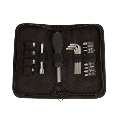 Set de herramientas Industry: contiene desarmador, 10 puntas de desarmador, llaves hexagonales, dado extensión y 4 dados. Incluye estuche de tela.
