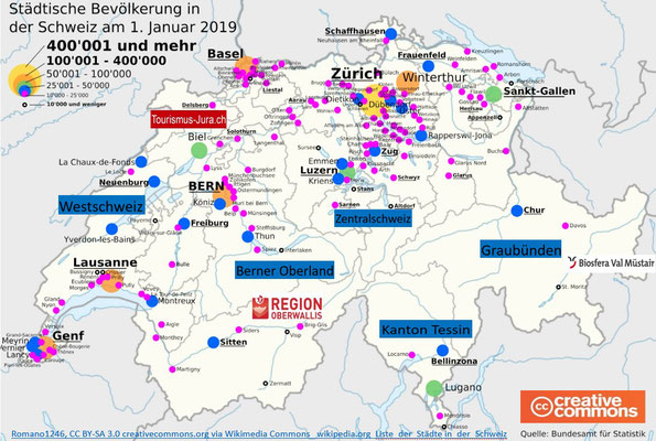 Karte Schweiz - Städte und auch alle Regionen als PDF