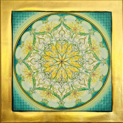 "Und immer wieder geht die Sonne auf", 50x50 cm, Acryl auf Leinwand, veredelt mit Glitter und Swarovski Kristallsteinchen, Rahmen Schlagmetall gold, privat