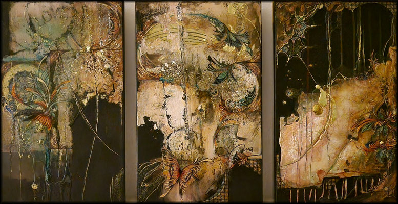 Neuanfang voll zauberhafter Magie, 50x90 cm, Triptychon, Multi Media Mix auf Leinwand, teilweise mit Resin (Epoxidharz) überzogen, privat