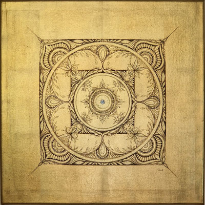 Zartes Spiel mit Gold, 50x50 cm, Schlagmetall Gold auf Leinwand, Acryl, Fineliner, Swarovski Kristalle, Goldflakes 1.8 oz. CHF 950