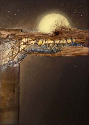 Der Mond ist aufgegangen... 50x70 cm, Resin, Sand, Crackle Paste, Aquacast, Acryl, usw. Auf Holzkörper CHF 1.200