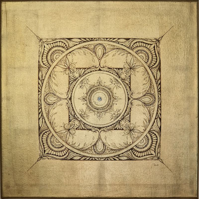 Spielvariationen auf Gold, 50x50 cm, Schlagmetall Gold auf Leinwand, Acryl, Fineliner, Swarovski Kristalle, Goldflakes 1.8 oz. CHF 950