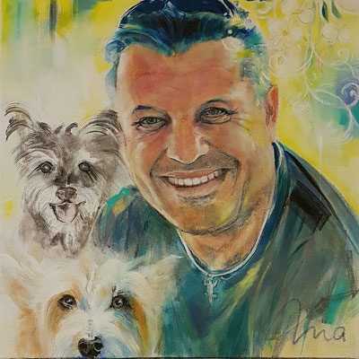Adriano mit seinem Liebling Joy - Das Schlitzohr Murphy wollte unbedingt auch auf das Bild, Privatbesitz