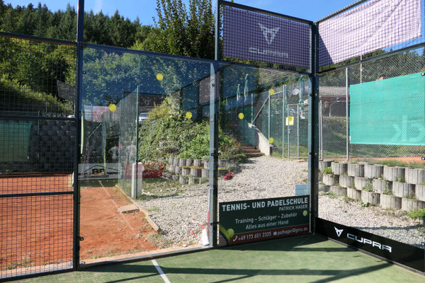 Andere Perspektive: Scheiben am Tennisplatz mit der Vogelschutzfolie, die mit vielen Punkten die Sichtbarkeit für Vögel erhöht