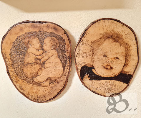 Holzwerk Peter Stoiber - Portrait auf Baumscheibe, Kinderbilder in der Brandmalerei