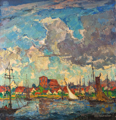 0155 Blick über den Ryck auf Greifswald, Öl auf Leinwand, 70 x 68 cm, r. u. sign., verso bez., gerahmt