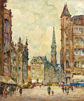 0240 Berlin - Der Spittelmarkt um 1930 mit Blick über die Gertraudenbrücke auf die Petrikirche II, Öl auf Leinwand, 70 x 60 cm, r. u. sign., gerahmt