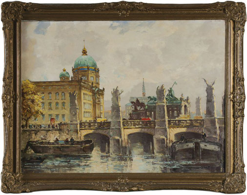 0510 Berlin - Blick über Spree und Schlossbrücke auf das Stadtschloss IV, Öl Lwd, vor 1923, 60 x 80, r u sign.