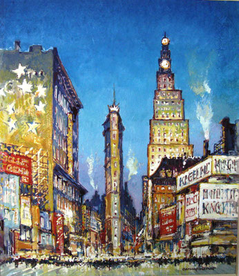 Paramount und Flatiron Buildings am Times Square in New York, 1927, Gouache, 22 x 19, sign., Privatbesitz Werder/Havel, WVZ 0193