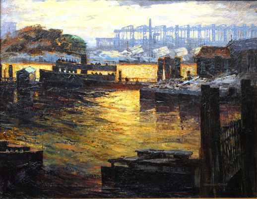 0273 Abendstimmung im Hamburger Hafen mit Werftanlagen II, Öl auf Leinwand, 70 x 90,5 cm, r. u. sign., gerahmt