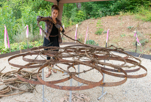 QUE LA RECOLTE SOIT ABONDANTE, 2019  Cerclages de tonneaux, tressage de clématite sauvage (ancêtre de la vigne). Diamètre 2m30