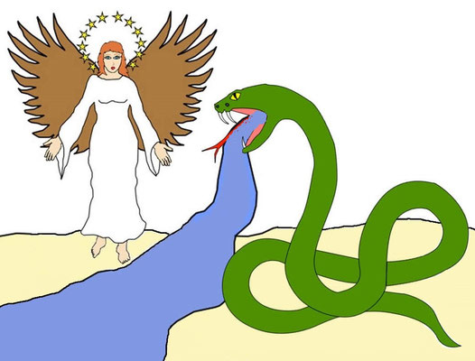 Après avoir été précipité sur la terre, le serpent (Satan) vomit un fleuve pour noyer la femme (l’organisation de Jéhovah représentée sur la terre par les fidèles chrétiens).