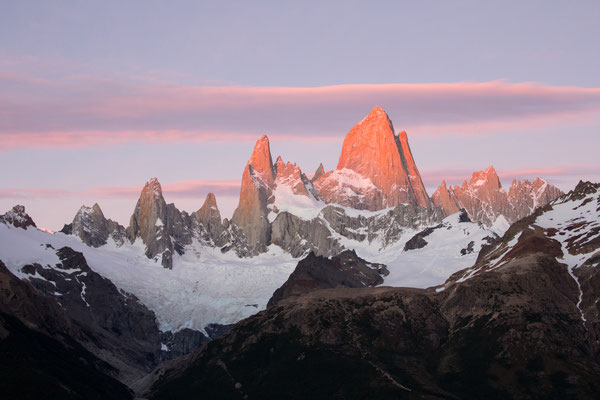 Mount Fitzroy glowing at sunrise in the Los Glaciares national park,  Argentina.