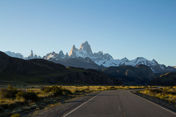 Mount Fitzroy seen from one of the most famous viewpoints in Patagonia, the road leading to El Chalten.