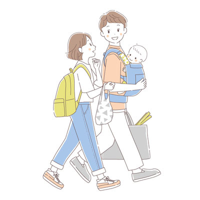 買い物をしている若夫婦と赤ちゃんのイラスト