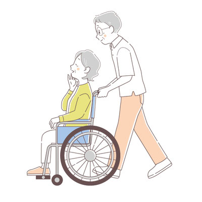 車椅子で歩いている老夫婦のイラスト