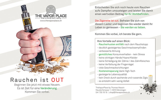 Werbeflyer für einen Dampfershop (www.thevaporplace.ch)