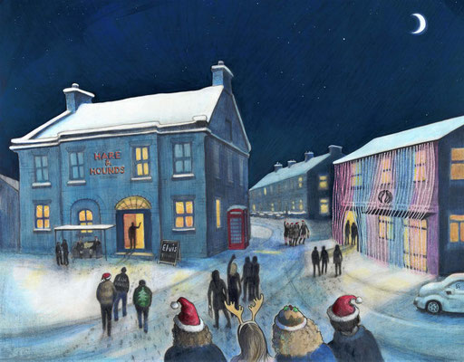 'Christmas Drinks At The Hairy Dog' (charcoal and acrylic)