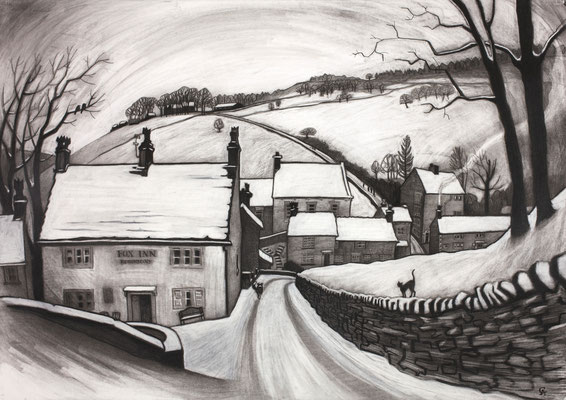 'First snow, Brookbottom' - charcoal