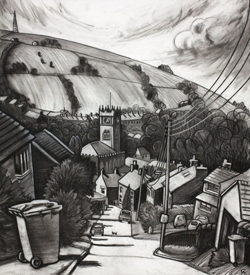 'Bin day on Cote Lane' (charcoal)