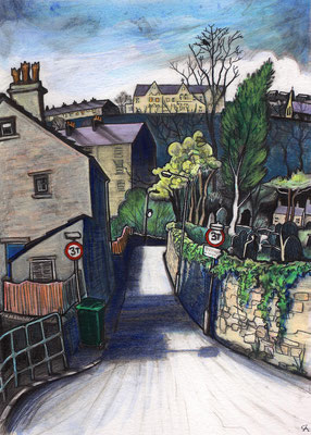 Beep Beep Corner 2 (hand tinted charcoal drawing)