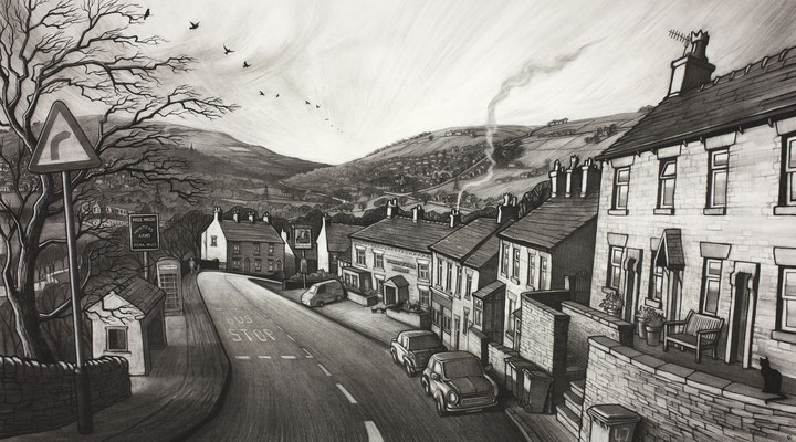 'Past the Printers' (charcoal)