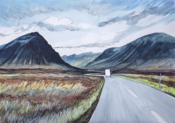 Driving Through Glen Coe (from sketch with ink and watercolour)